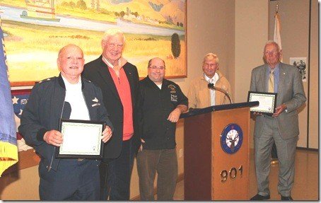 From L to R Major General Norman DeBack, USAF Ret., Brigadier General Robert "Earthquake" Titus, ER Randy Logan, Ret. USAF, Major Jim Brooks, and USAF Ret. Coronal John Lowery USAF Ret