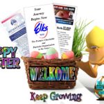 A basket of easter eggs and an egg holder with the words " welcome " on it.