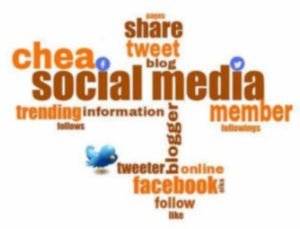 A social media word cloud with the words " twitter ", " facebook ," and " twitter ".
