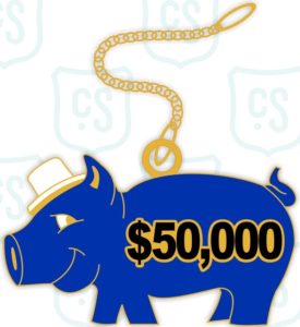 A blue pig with a gold chain hanging from it's back.