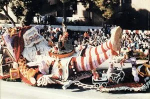 Festive holiday parade float with Santa