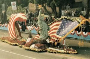 Statue of Liberty parade float with flags