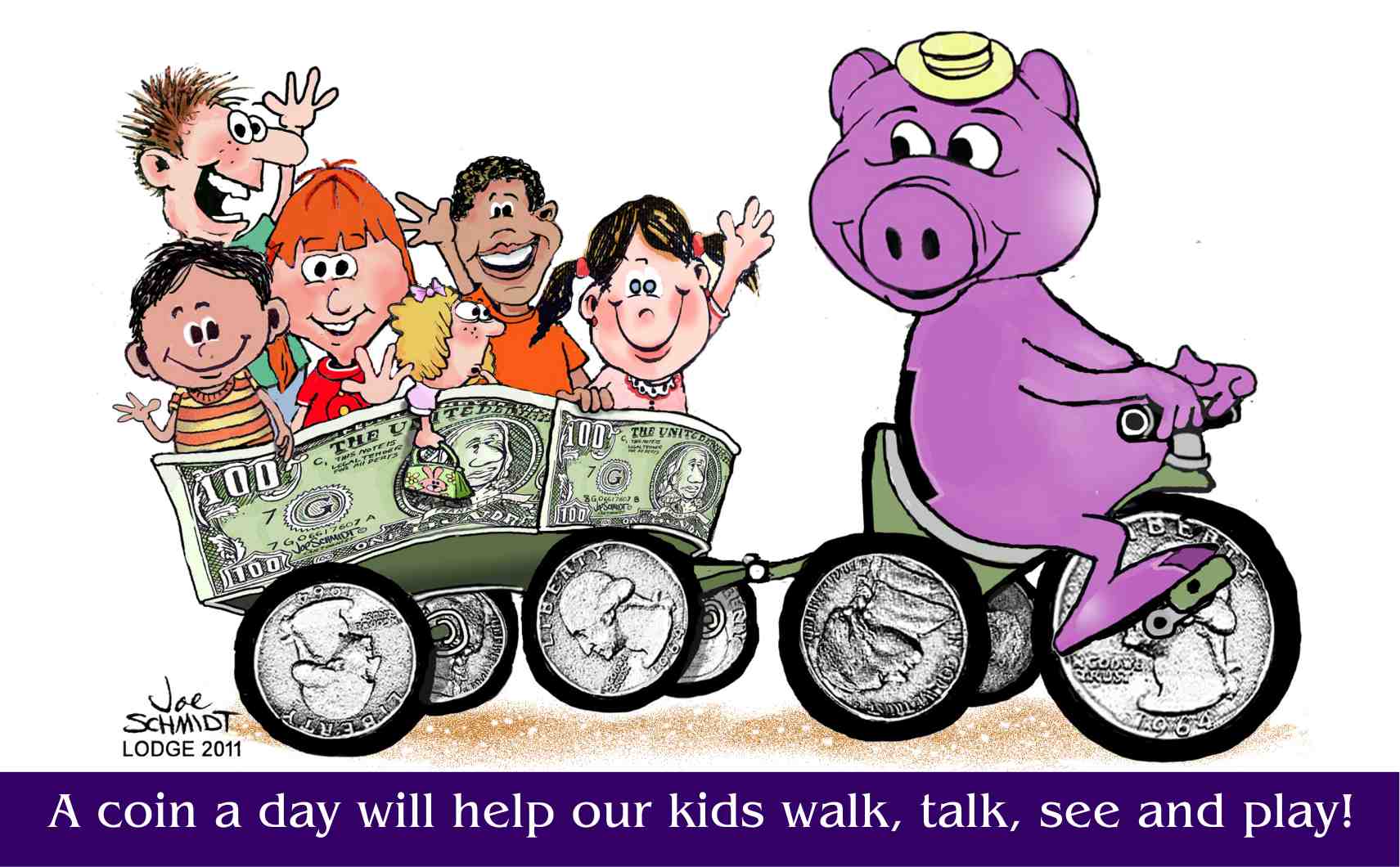 Purple piggy bank pulling kids in money wagon
