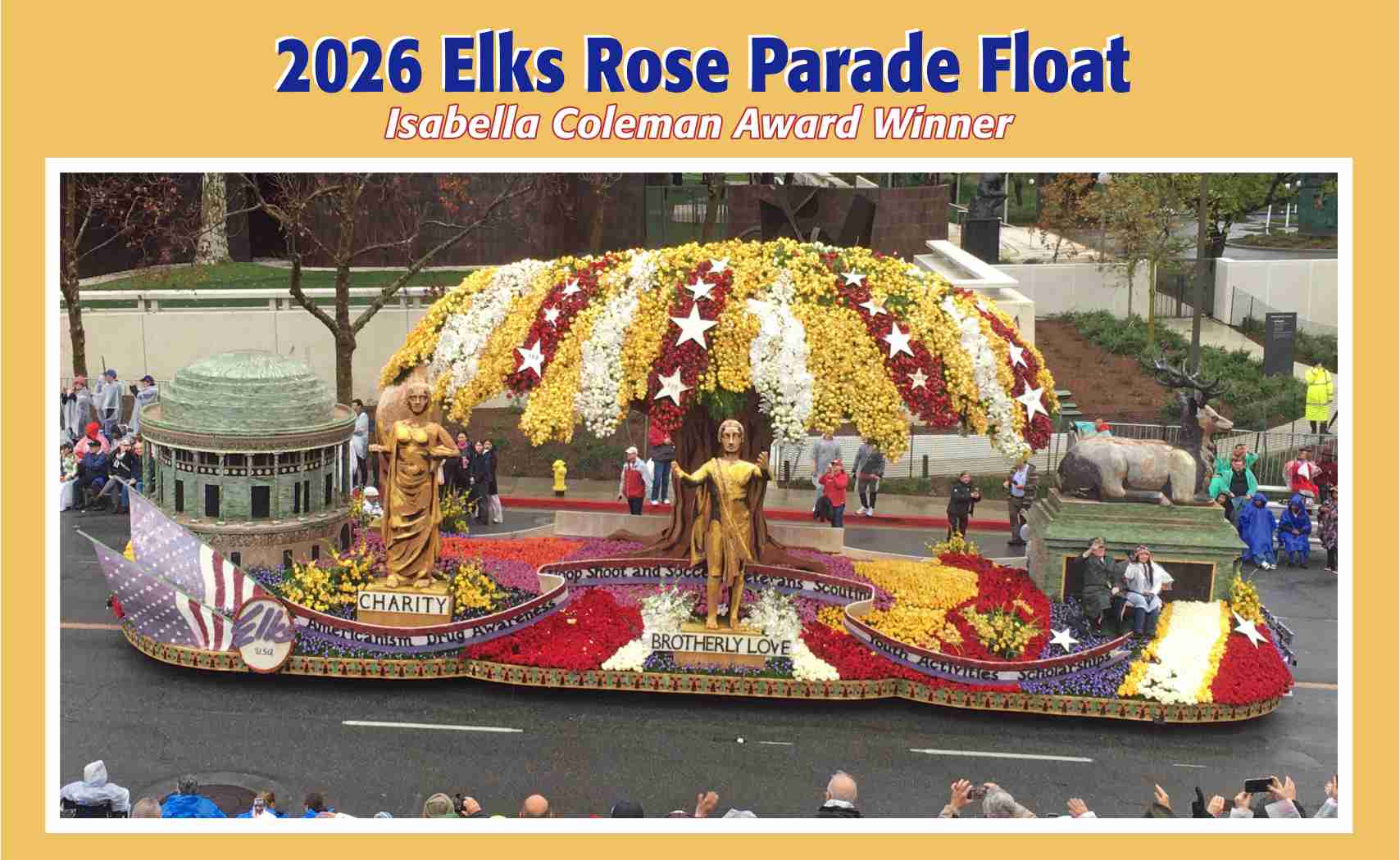 2026 Elks Rose Parade float decorated with flowers