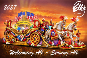 Elks parade float with white horses, American flags