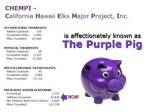Purple piggy bank mascot called The Purple Pig