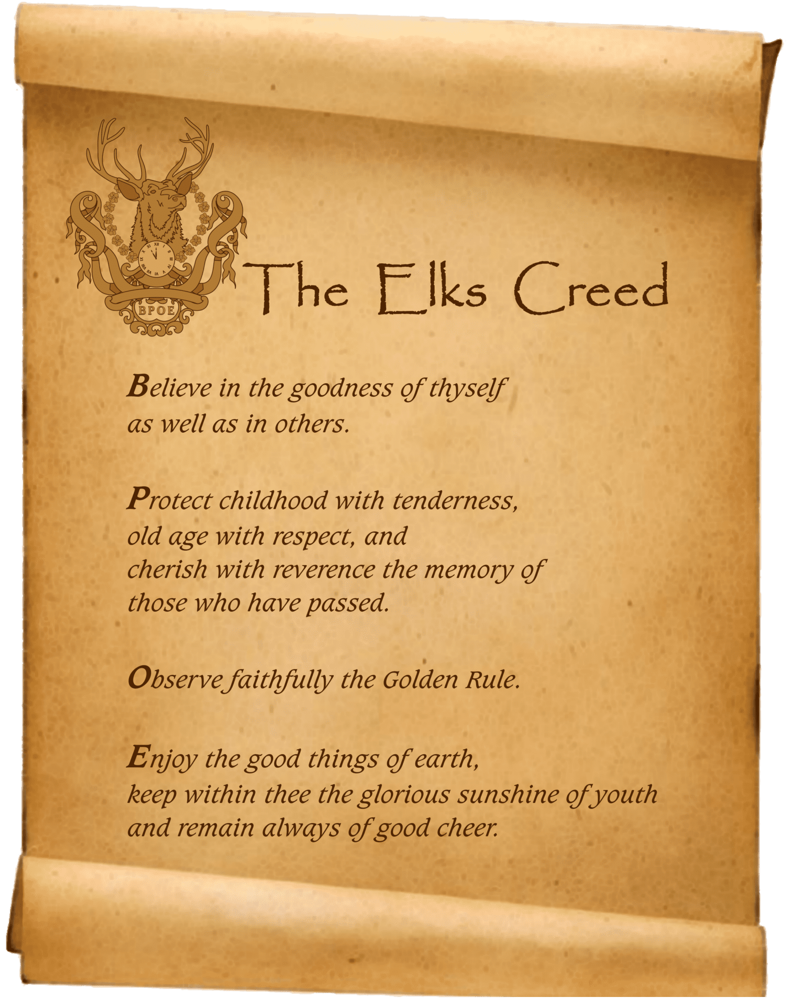 Aged parchment titled "The Elks Creed" with emblem