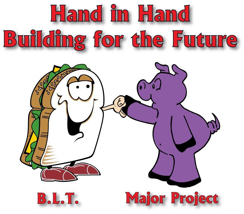 Cartoon sandwich and purple hippo fist-bumping