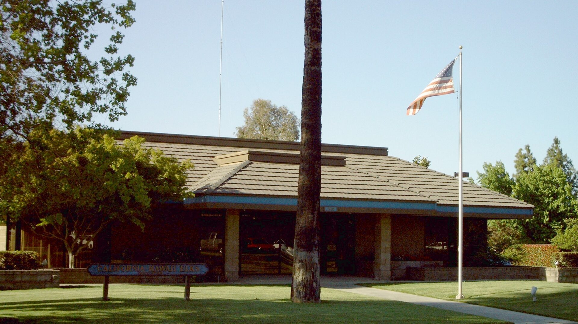 Small public building with American flag