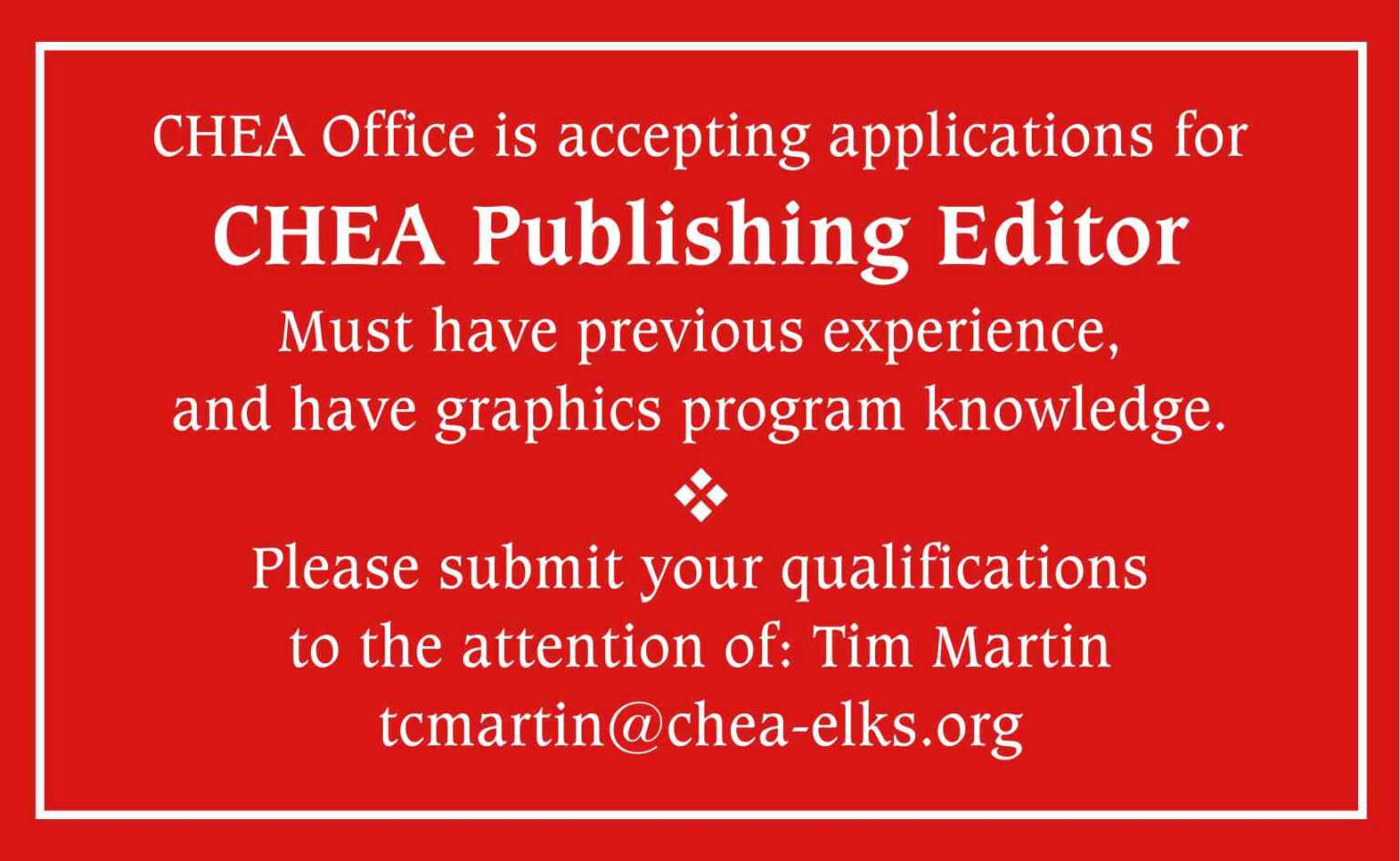 Red hiring poster for CHEA publishing editor