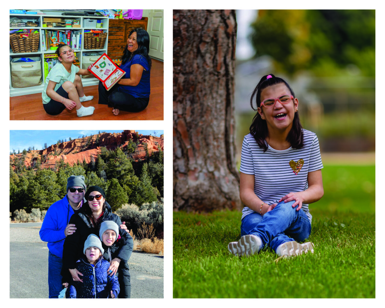 Collage of smiling family and girl outdoors