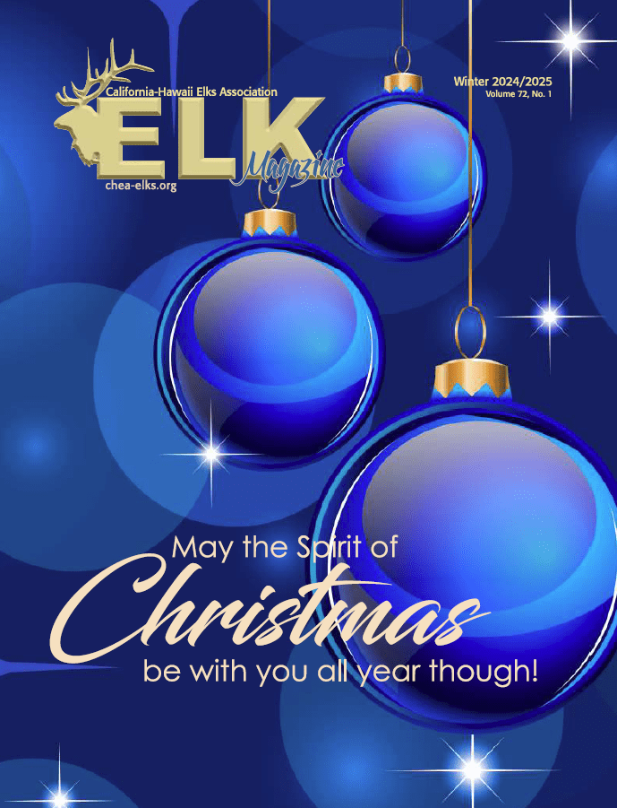 ELK Magazine cover with blue Christmas ornaments