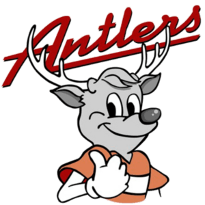 Winking deer mascot with antlers and logo