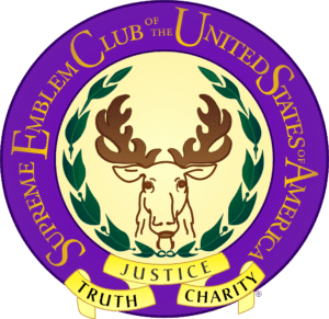 Purple club seal with moose head, laurel, justice