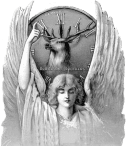 Angel with raised arms before stag clock