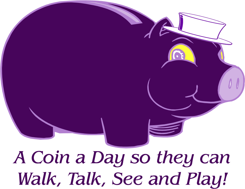 Purple piggy bank wearing white hat and slogan