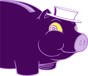 Purple piggy bank wearing white top hat