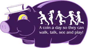 Purple piggy bank with children silhouettes